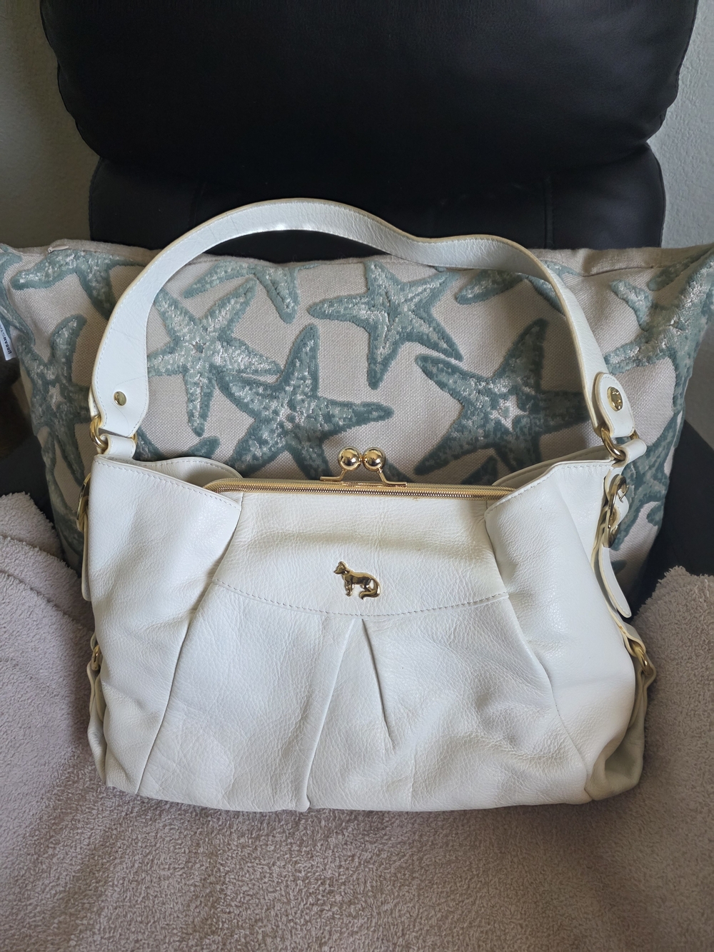Emma Fox White Leather Shoulder Bag with Gold Hardware